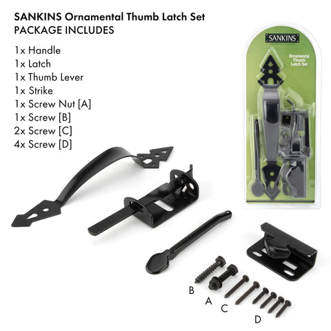 Heavy Duty Thumb Gate Latch Kit With 8 Inch Decorative Handle For Wooden Fences And Gates Self Closing Outdoor Gate Lock For Wood Metal Vinyl Garden Black Finish, showing components and packaging.