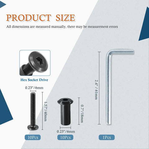 10 Pack M6x40mm Hex Socket Cap Bolts With Allen Wrench Set Includes 10 Barrel Nuts For Furniture Connectors Crib Replacement Cabinets Black Finish Heavy Duty Countersunk Screws 20 Pieces Total product size, includes 10 bolts, 10 nuts, and an Allen wrench.