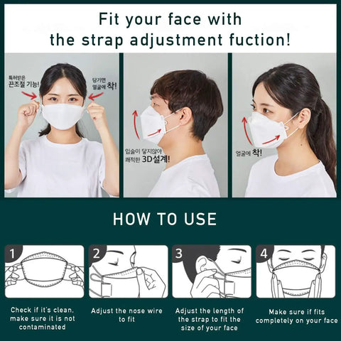 Illustration showing how to adjust KF94 Black Face Mask Set, Breathable Reusable 4-Ply Cloth Masks, Individually Wrapped, Adjustable Ear Loops Nose Wire, All Day Comfort, Made In Korea, 20 Pack for fit.