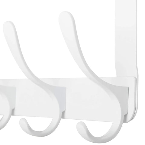 Close-up of white over the door coat hooks with five hooks and towel rack door hanger for coats and clothes space saving white organizer