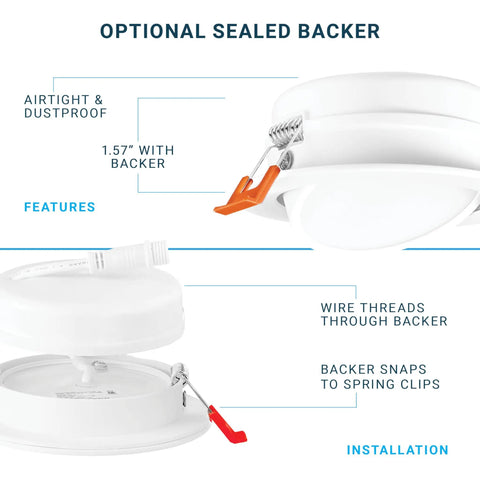 Six Pack 4 Inch LED Gimbal Eyeball Recessed Lighting Canless Ceiling Light With J Box Five Color Temperature Switch 2700K To 5000K 9W Dimmable ETL Ultra Thin Slim Panel showing optional sealed backer installation features