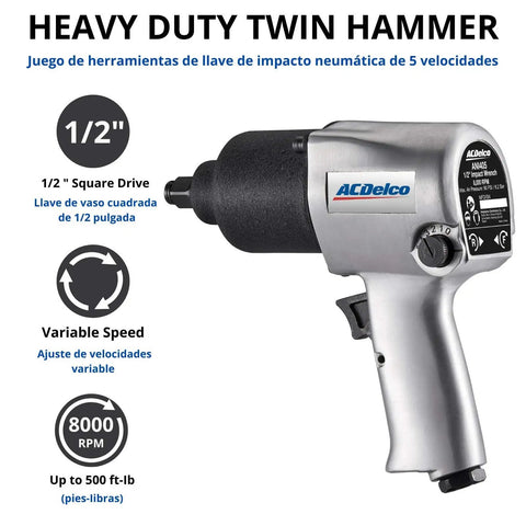 One Half Inch Air Impact Wrench With Five Hundred Foot Pounds Max Torque At Ninety PSI Twin Hammer Heavy Duty Pneumatic Tool With Five Speed Regulator For Lug Nuts And Tough Automotive Repairs