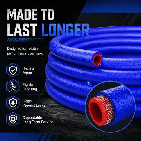 Heavy Duty Silicone Heater Hose With Three Layer Braided Core For Automotive Coolant Radiator Flow Delivering 276 Psi Burst Proof Strength In Ten Foot Straight Blue Profiles Paired With Five Stainless Clamps shown coiled with focus on durable layers.