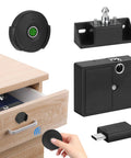 Smart Cabinet Lock With Fingerprint, Remote Unlock, USB Key Backup, Holeless Installation, displayed with parts and USB key