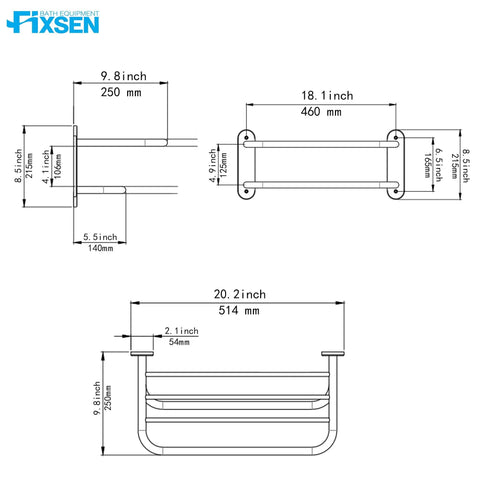 Dimensions diagram of 24 Inch Towel Rack With Shelf And Bar Brushed Nickel Stainless Steel Wall Mount Durable Zinc Alloy Rustproof