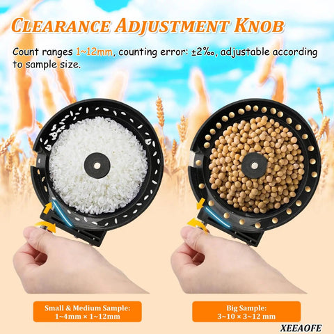 XeeaoFe Automatic Seed Counting Machine For Rice, Corn, Soybean & Wheat showing adjustment knob for 1-12mm grains.