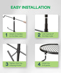 Assembly steps for Swivel Campfire Grill Heavy Duty Fire Pit Grate 360 Degree Adjustable Steel Cooking Rack For Open Fire Portable Outdoor BBQ Campfire Grate For Camping Hiking Backyard And Survival Cooking with handles and grate installation.