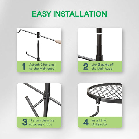Assembly steps for Swivel Campfire Grill Heavy Duty Fire Pit Grate 360 Degree Adjustable Steel Cooking Rack For Open Fire Portable Outdoor BBQ Campfire Grate For Camping Hiking Backyard And Survival Cooking with handles and grate installation.