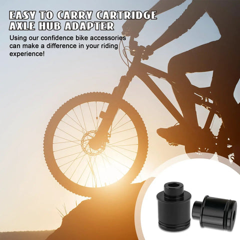 Silhouette of mountain biker with 2 Pack Mountain Bike Hub Adapter Quick Release Converter 15mm To 9mm shown in detail.