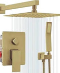 Rain Shower Head With Handheld Spray For A Spa Like Shower, PVD coated gold finish, valve, arm, holder, hose visible