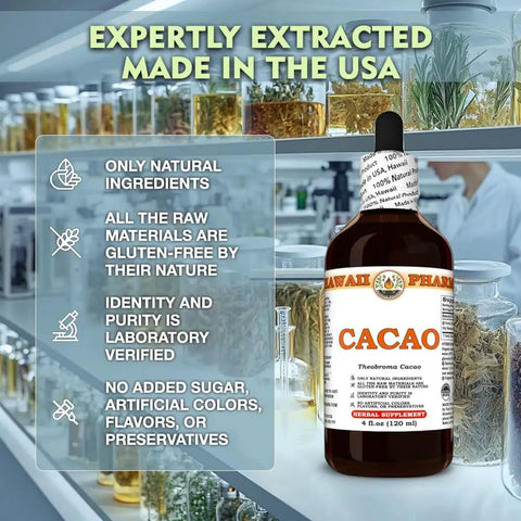 Hawaiian Raw Cacao Bean Tincture Liquid Extract Made In Hawaii All Natural Vegan Antioxidant Rich Superfood Pure Theobroma Cacao Based Extract 32 Fl Oz bottle in laboratory setting.