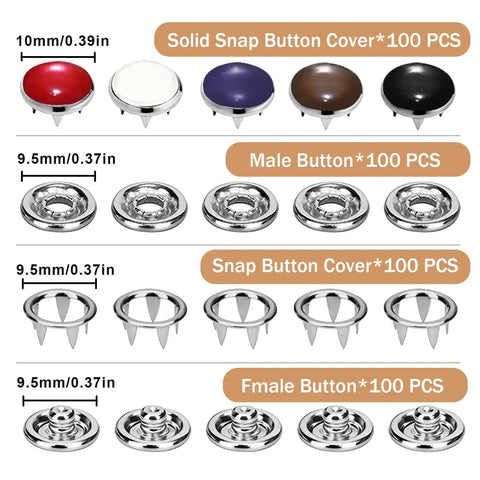Fresh Threads Pearl Snap Button Kit With 5 Prong Fasteners And Heavy Duty Plier For Jacket Fix Ups Hat Bag DIY Repairs And Gotta Look Sharp Style Boosts In Bold Shades, assorted colors and types, 100 pcs set.