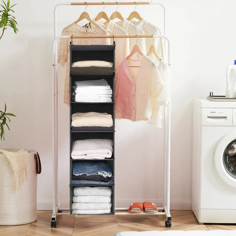 Heavy Duty Six Tier Hanging Closet Organizer With Two Rock Solid Hooks And Wide Grey Fabric Shelves Making It A Reliable Room Saver For Tight Bedroom And Dorm Storage