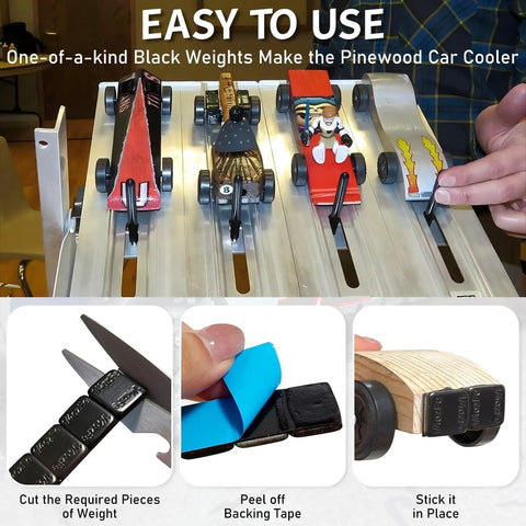 Pinewood Derby Weights Kit 5Oz with Tungsten Putty, 12 Derby Weights, Graphite Lubricant Powder displayed on derby cars track
