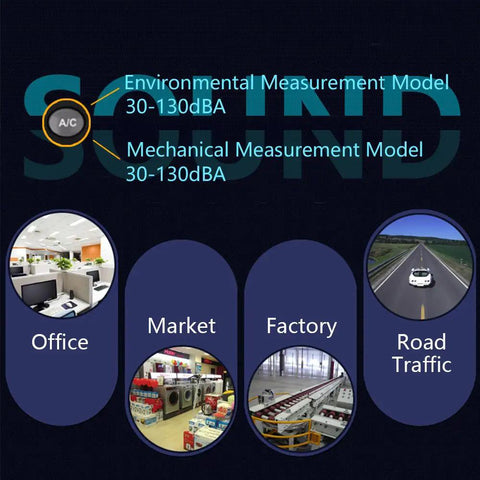 Image showing LCD Digital Decibel Meter For Real Time Sound Level Readings From 30 dB To 130 dB With AC Mode used in office, market, factory, road traffic
