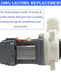 Washer drain pump assembly for Whirlpool/Kenmore/Maytag washers, side view with gray motor housing and white inlet