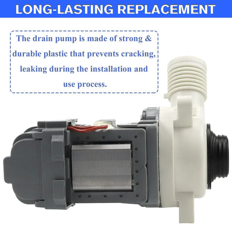 Washer drain pump assembly for Whirlpool/Kenmore/Maytag washers, side view with gray motor housing and white inlet