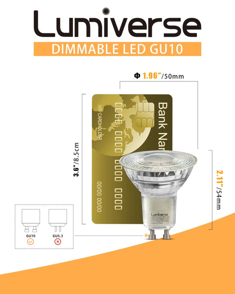 Bright 5.5W GU10 LED Bulbs With 5000K Daylight White next to a credit card for size comparison