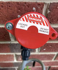 Gate Valve Lockout For One Inch To Two And A Half Inch Valves With Three Eighth Inch Padlock Hole Red Nylon Shell Ideal For Hose Bib Lockout In Petroleum Natural Gas And Chemical Industry on installed valve