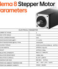 NEMA 8 stepper motor with silver front plate and black housing, front shaft visible and mounting holes.