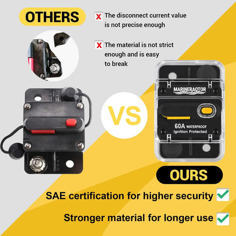 Comparison of Hella Heavy Duty Built Rugged 60Amp Marine Circuit Breaker With Waterproof Sealed Cover and competitor.
