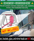 Stainless Steel Mounting Hardware Kit showing 3-leg West Coast mirror mount with "NOT INCLUDED" overlay