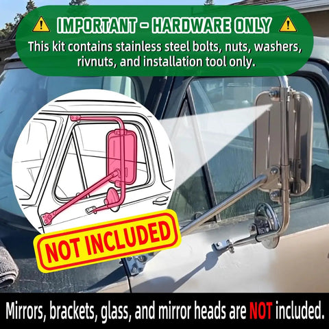Stainless Steel Mounting Hardware Kit showing 3-leg West Coast mirror mount with "NOT INCLUDED" overlay
