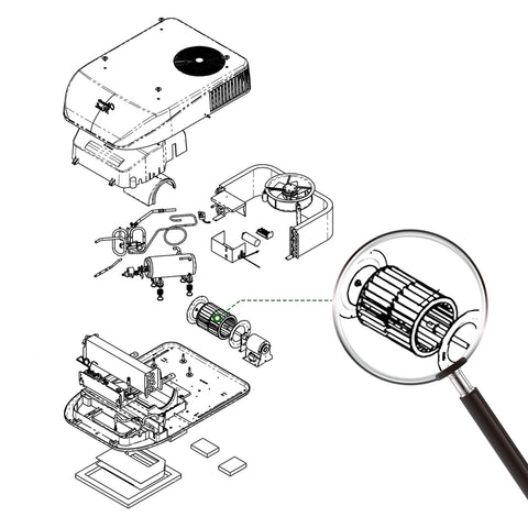 Diagram of Beefed Up 1472A1191 Wheel Package Blower For RV Air Conditioners Mach Compatible with focus on blower component.