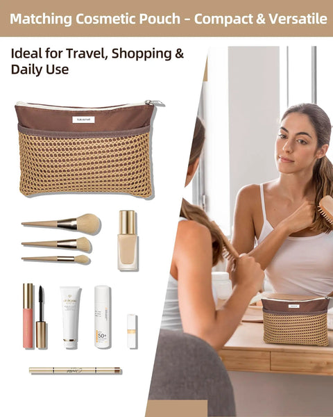 Cosmetic pouch from Packable 2 In 1 Beach Tote Bag With Foldable Design, shown with brushes and makeup, ideal for travel.