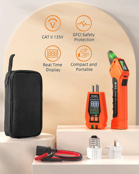 All In One Circuit Breaker Finder And Outlet Tester Kit With GFCI Tester And Carrying Case, adapters, and test leads shown