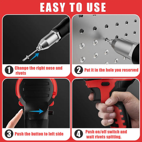Rivet Gun For Milwaukee 18V Battery - Cordless Riveting Tool showing operation steps with aluminum rivets and LED light feature.