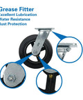 Grease fitting and features of Rock Solid Eight Inch Rubber On Cast Iron Industrial Casters Set Of Four, showcasing durability and lubrication.
