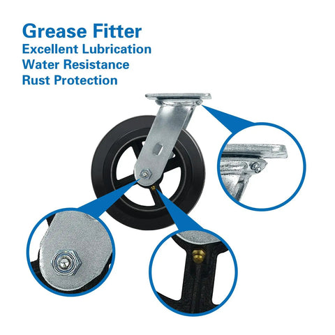 Grease fitting and features of Rock Solid Eight Inch Rubber On Cast Iron Industrial Casters Set Of Four, showcasing durability and lubrication.