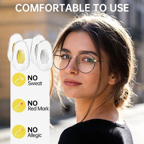 Top Shelf Nose Pads Replacement For Sunglasses And Glasses Comes With Gold And Silver Pair Ultra Snug Antislip Bridge Pad on a model.