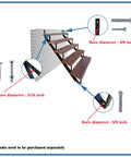 Diagram showing installation details of 2 Pack 1 Step Black Steel Stair Stringer for 12 Inch Deck and Outdoor Steps with bolt specifications.