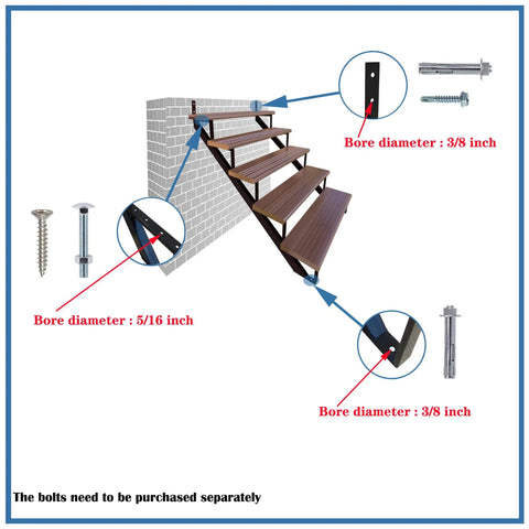 Diagram showing 20 Inch Black Steel Stair Step Riser And 2 Step Metal Stair Stringer Kit installation with bolt sizes and placement.