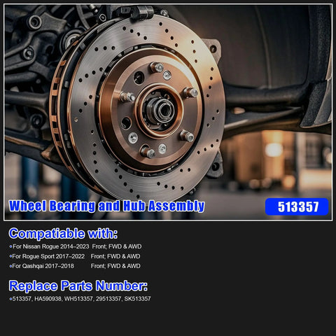 Beefed-Up Front Wheel Bearing And Hub Assembly For Nissan Rogue 2014-2023, Rogue Sport 2017-2022, And Qashqai 2017-2018, 2-Piece Kit