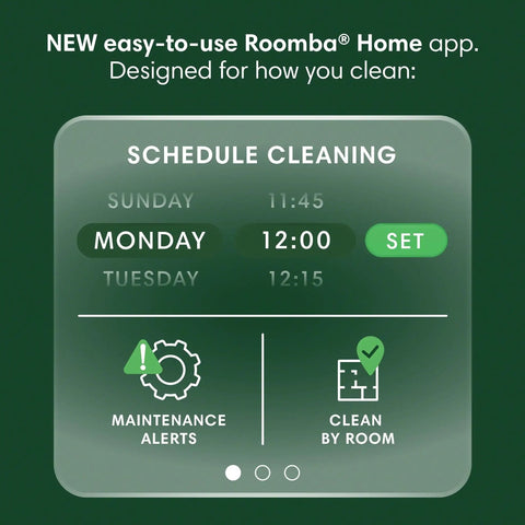 Schedule cleaning screen on Roomba® Home app with options for setting times and maintenance alerts.