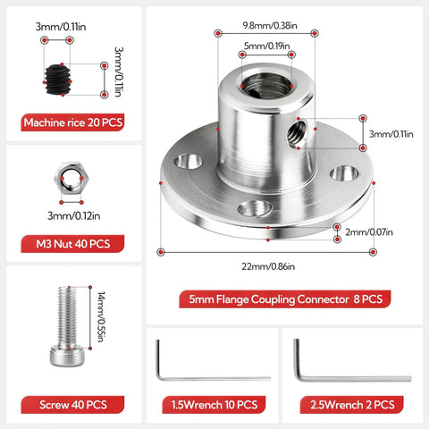 8 Pack 5mm Rigid Flange Couplings for Motor Shafts, DIY Model Building, Easy Install with Screws and Wrench Kit, Durable Steel Flange Shaft Connectors for Robotic Projects and Handmade Creations. 5mm steel flange coupling connector with screws, nuts, and hex wrench