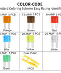 Micro2 Fuse Tap Assorted Pack Includes 35 Pieces Rated 5A To 30A With Tin Plated Terminals color-coded fuses with ratings.