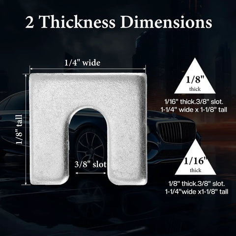 40 Piece Auto Body And Fender Alignment Shim Kit With One Sixteenth Inch And One Eighth Inch Thick Shims, 3/8 Inch Slot Details