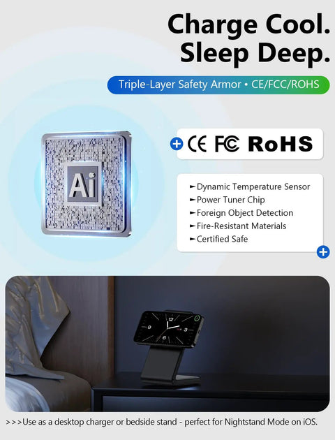 Fast Magnetic Wireless Charger Stand For iPhone 12 Through 17 Series With MagSafe, stand on nightstand in bedroom
