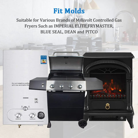 Gas appliance trio: stainless steel four-burner grill, black pizza oven with flames, and white water heater.