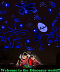 Kid Friendly Dinosaur And Car Night Light With 360 Degree Rotation And Nine Color Change Projector showcasing blue dinosaur patterns on ceiling.