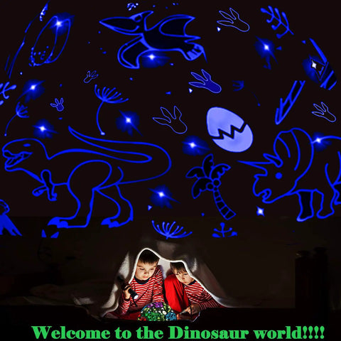 Kid Friendly Dinosaur And Car Night Light With 360 Degree Rotation And Nine Color Change Projector showcasing blue dinosaur patterns on ceiling.