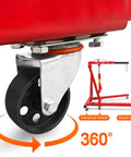 Folding Hydraulic Engine Hoist Two Ton Capacity With Quick Lever Operation And Six Iron Caster Wheels Red wheel detail showing 360° rotation.