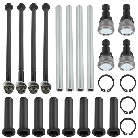 Front Upper A Arm Pivot Bushing Ball Joint Kit For Polaris RZR 570 And 800 Models 2008 Through 2014 Durable Beefy Upgrade With Heavy Duty Components For Off Road Adventures No Nonsense OEM Style, shown with shafts, bushings, joints and clips