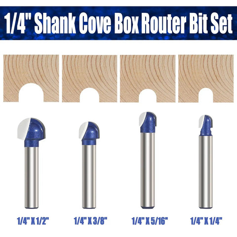 4 Pack Cove Router Bit Set With One Quarter Inch Shank Core Box Round Nose Milling Cutter For Woodworking Solid Carbide