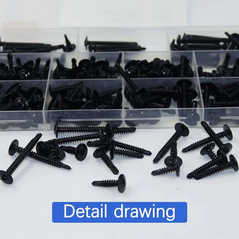 Close-up of 210Pcs Sheet Metal Screws Kit with Self-Tapping and Self-Drilling features, black zinc plated, various sizes.