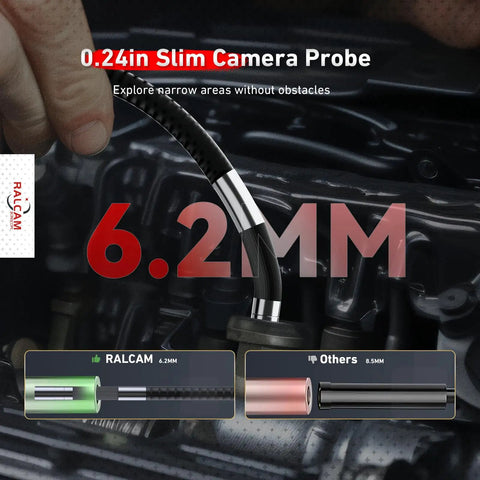 4 Way 360 Degree Articulating Borescope With Joystick Control For Mechanics Gearheads Automotive HVAC Wall Inspections, 5 Inch LCD Display, Flexible Probe For Tight Spaces 6.2mm slim camera probe in engine bay